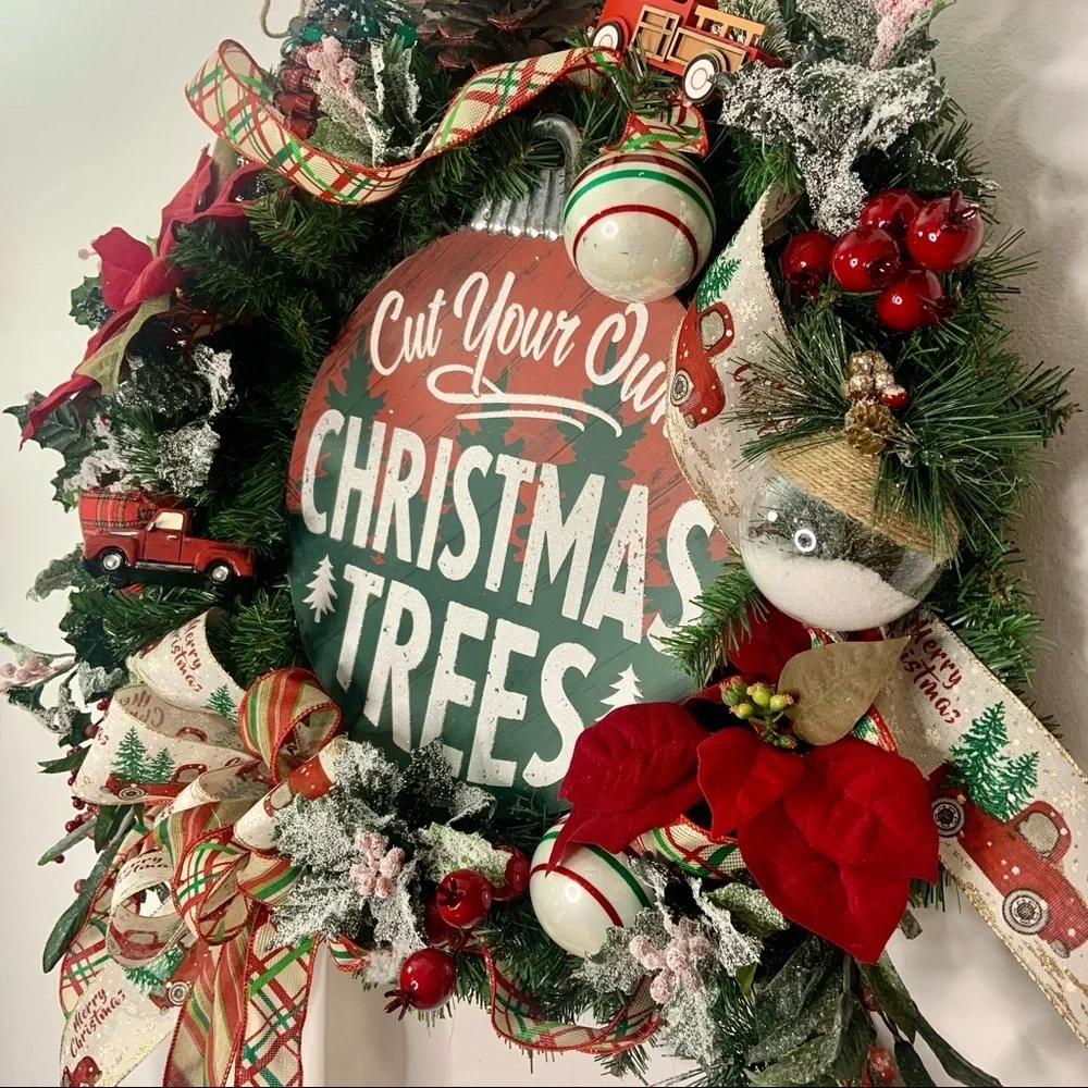 New Floral Rustic Christmas Farmhouse Pine Wreath Red Truck Trees Sign